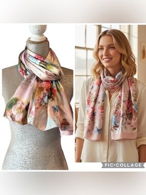 Reversible Silk Floral Butterfly Scarf Wrap Botanical Art Shawl Pink Multi NWT